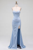 Load image into Gallery viewer, Sparkly Blue Satin Corset Mermaid Ruched Long Prom Dress with Pearls