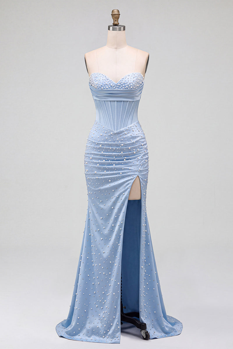 Load image into Gallery viewer, Sparkly Blue Satin Corset Mermaid Ruched Long Prom Dress with Pearls