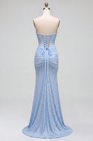 Load image into Gallery viewer, Sparkly Blue Satin Corset Mermaid Ruched Long Prom Dress with Pearls
