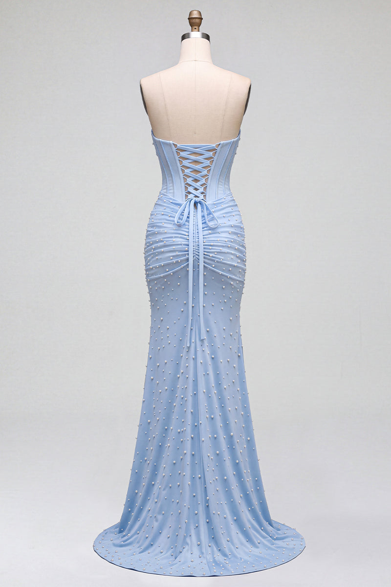 Load image into Gallery viewer, Sparkly Blue Satin Corset Mermaid Ruched Long Prom Dress with Pearls