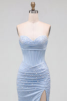 Load image into Gallery viewer, Sparkly Blue Satin Corset Mermaid Ruched Long Prom Dress with Pearls