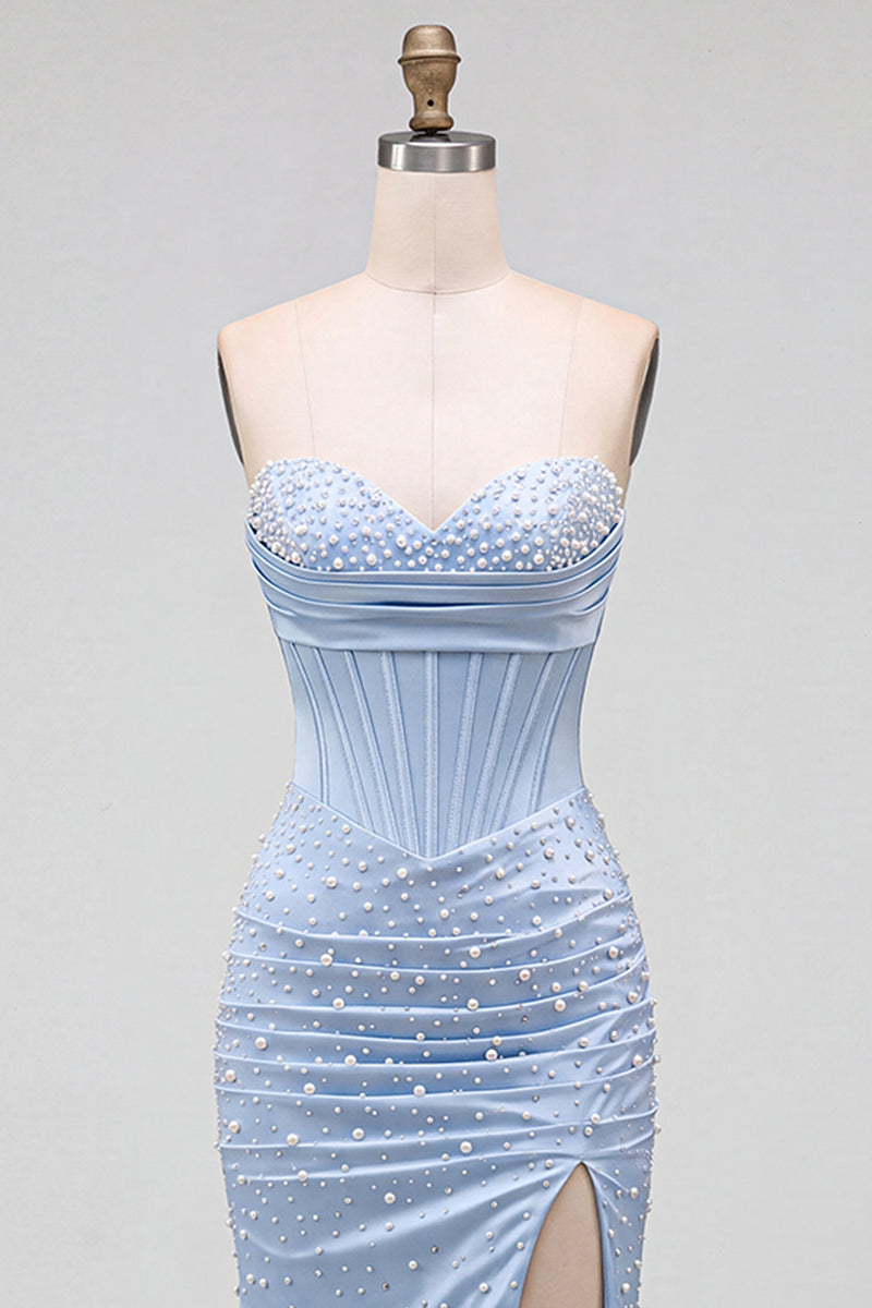 Load image into Gallery viewer, Sparkly Blue Satin Corset Mermaid Ruched Long Prom Dress with Pearls