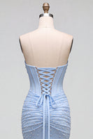 Load image into Gallery viewer, Sparkly Blue Satin Corset Mermaid Ruched Long Prom Dress with Pearls