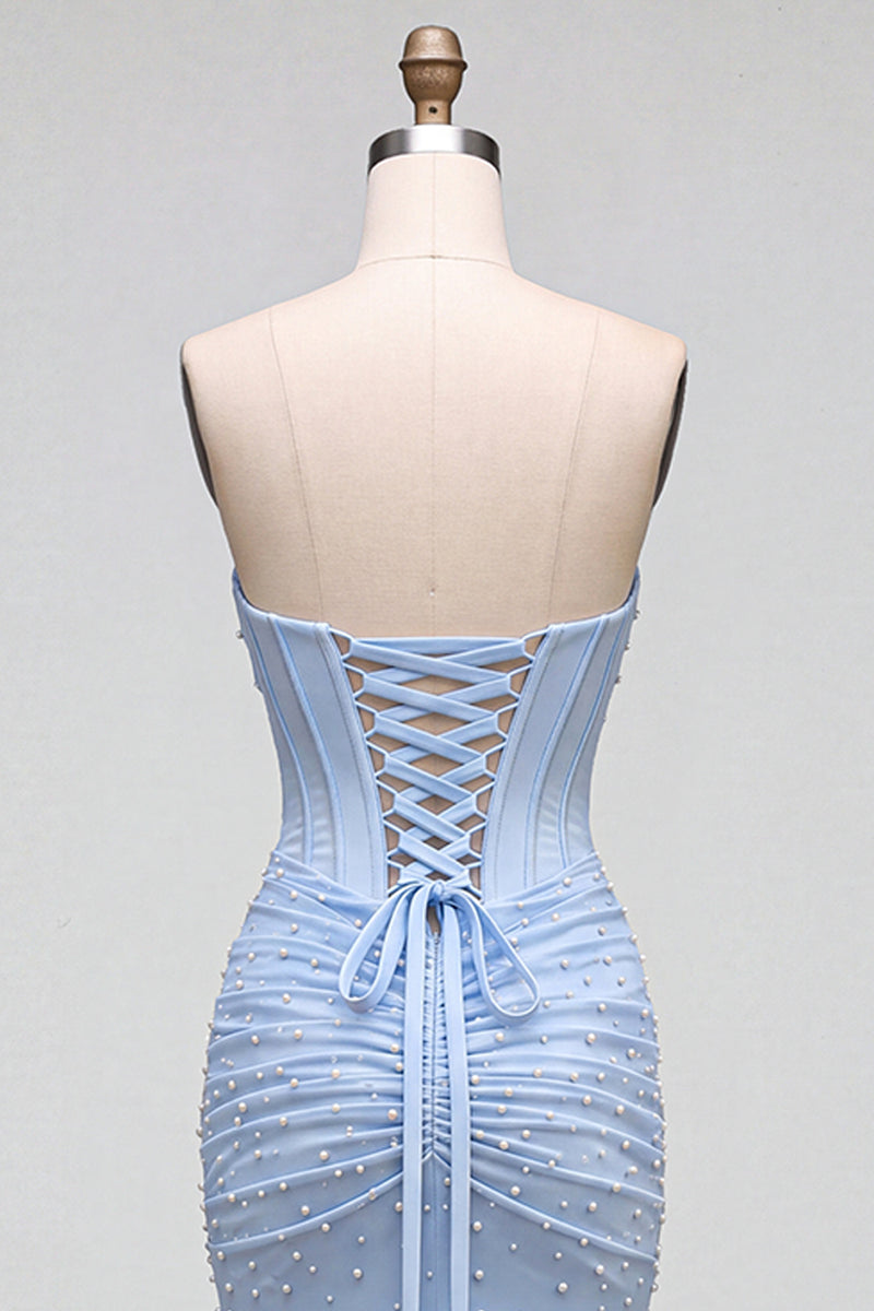 Load image into Gallery viewer, Sparkly Blue Satin Corset Mermaid Ruched Long Prom Dress with Pearls