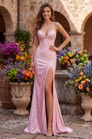 Load image into Gallery viewer, Sparkly Pink Satin Mermaid Beaded Long Pearl Prom Dress with Slit