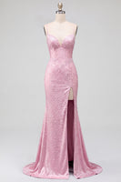 Load image into Gallery viewer, Sparkly Pink Satin Mermaid Beaded Long Pearl Prom Dress with Slit