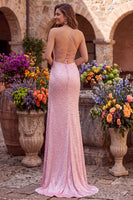Load image into Gallery viewer, Sparkly Pink Satin Mermaid Beaded Long Pearl Prom Dress with Slit