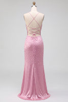 Load image into Gallery viewer, Sparkly Pink Satin Mermaid Beaded Long Pearl Prom Dress with Slit