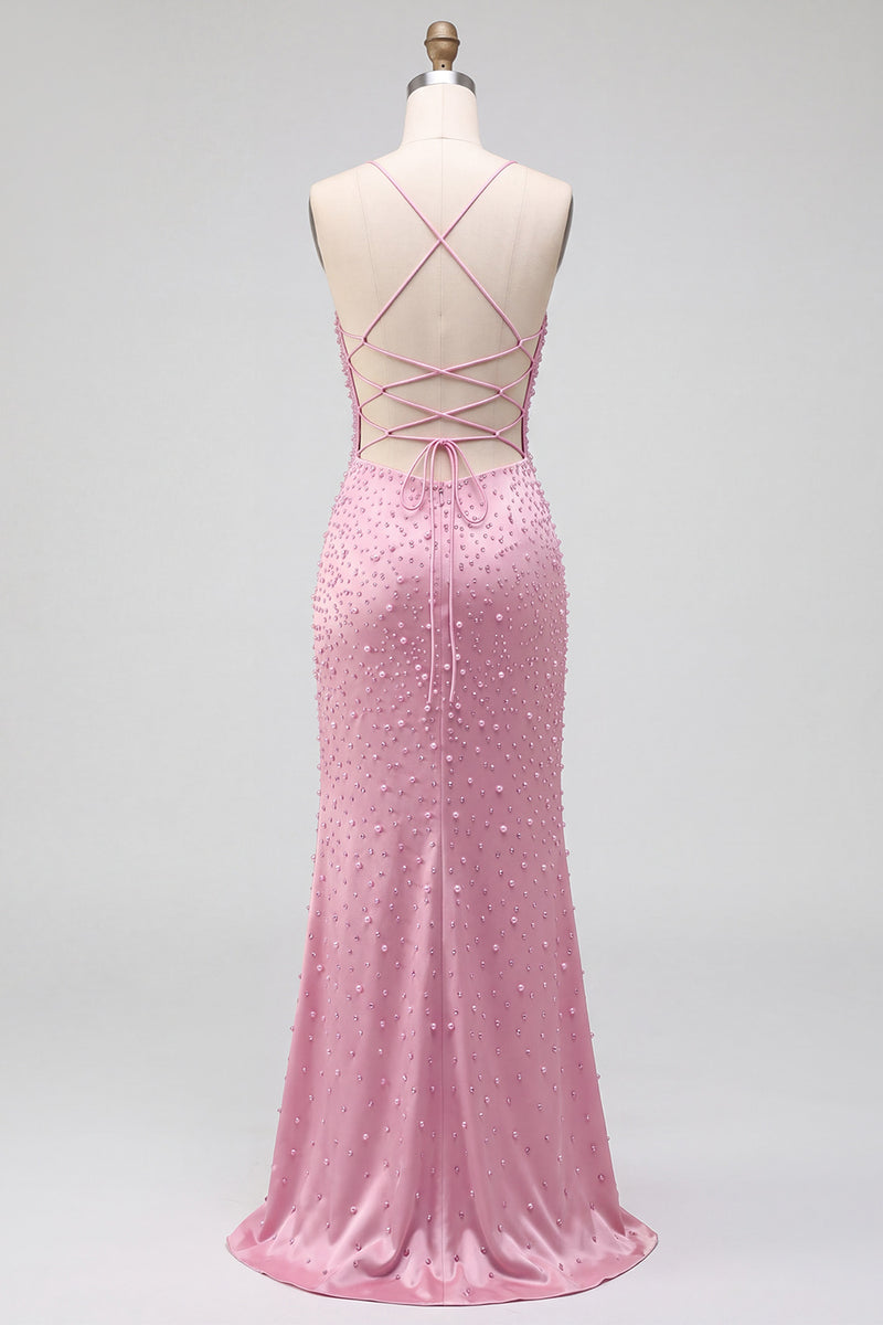 Load image into Gallery viewer, Sparkly Pink Satin Mermaid Beaded Long Pearl Prom Dress with Slit
