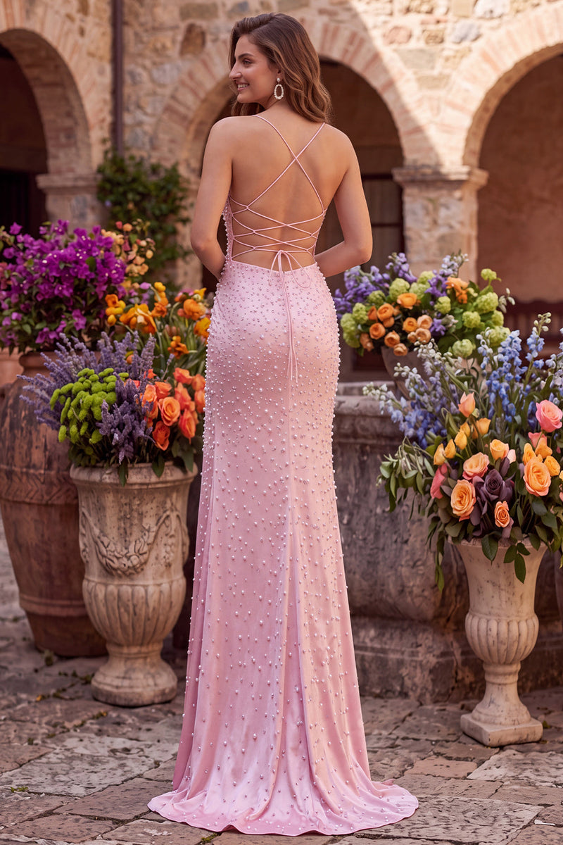 Load image into Gallery viewer, Sparkly Pink Satin Mermaid Beaded Long Pearl Prom Dress with Slit