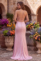 Load image into Gallery viewer, Sparkly Pink Satin Mermaid Beaded Long Pearl Prom Dress with Slit