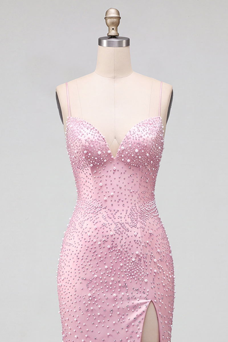 Load image into Gallery viewer, Sparkly Pink Satin Mermaid Beaded Long Pearl Prom Dress with Slit