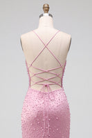 Load image into Gallery viewer, Sparkly Pink Satin Mermaid Beaded Long Pearl Prom Dress with Slit
