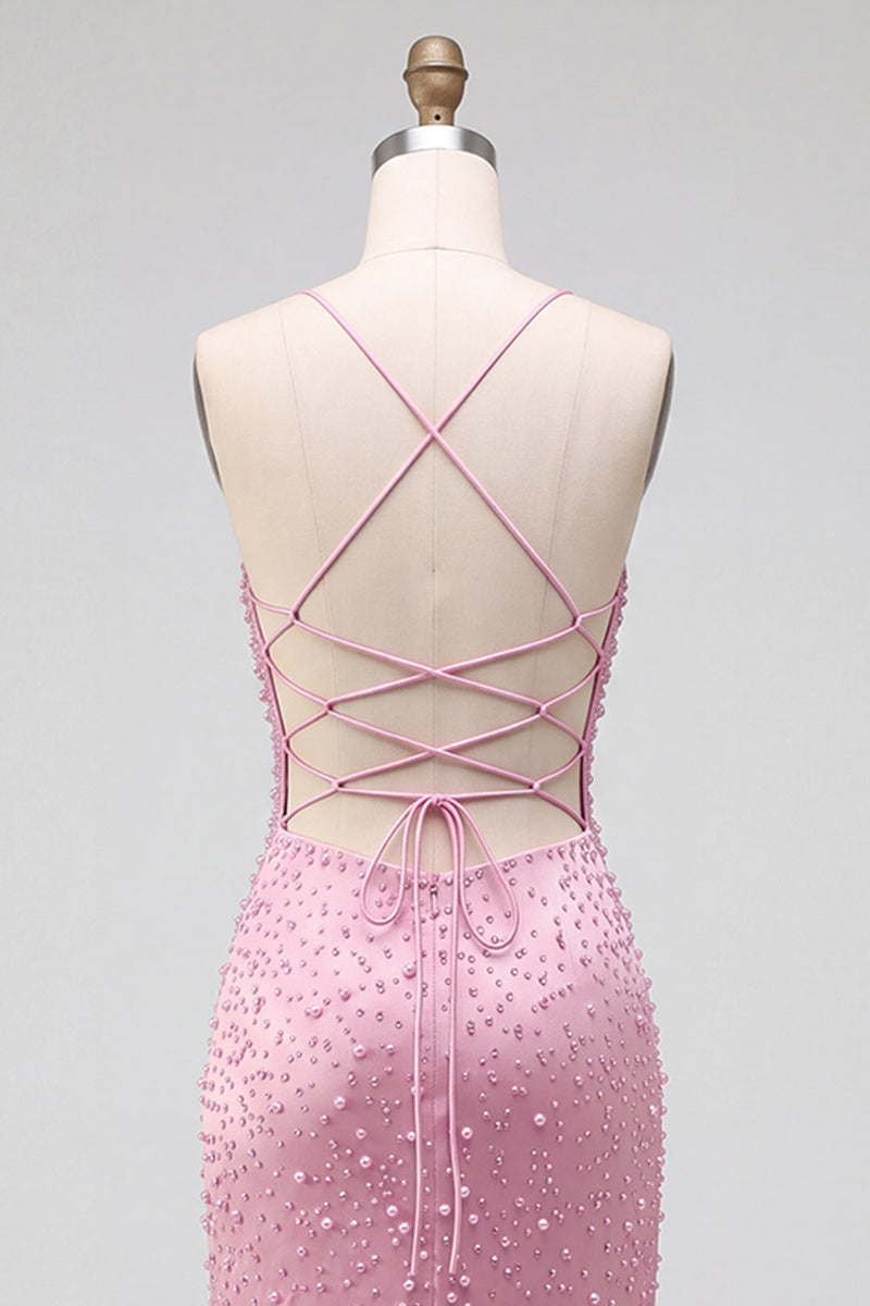 Load image into Gallery viewer, Sparkly Pink Satin Mermaid Beaded Long Pearl Prom Dress with Slit