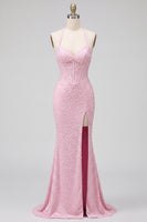 Load image into Gallery viewer, Sparkly Beaded Pink Corset Halter Long Prom Dress with Pearls