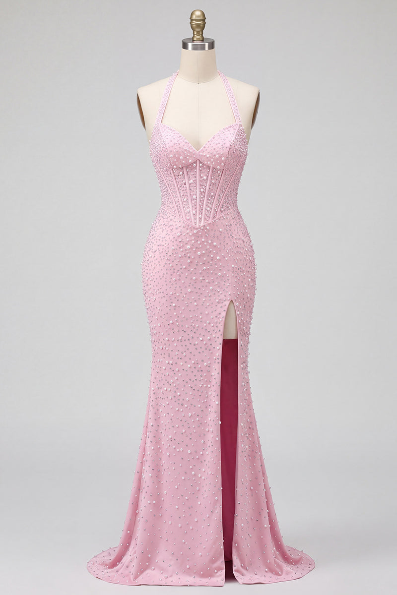 Load image into Gallery viewer, Sparkly Beaded Pink Corset Halter Long Prom Dress with Pearls