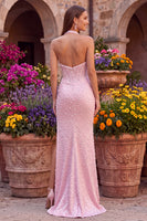Load image into Gallery viewer, Sparkly Beaded Pink Corset Halter Long Prom Dress with Pearls