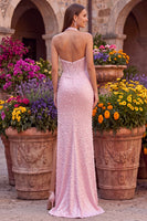 Load image into Gallery viewer, Sparkly Beaded Pink Corset Halter Long Prom Dress with Pearls