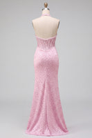 Load image into Gallery viewer, Sparkly Beaded Pink Corset Halter Long Prom Dress with Pearls