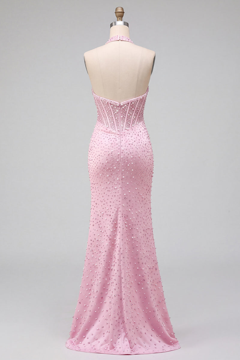 Load image into Gallery viewer, Sparkly Beaded Pink Corset Halter Long Prom Dress with Pearls