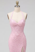 Load image into Gallery viewer, Sparkly Beaded Pink Corset Halter Long Prom Dress with Pearls