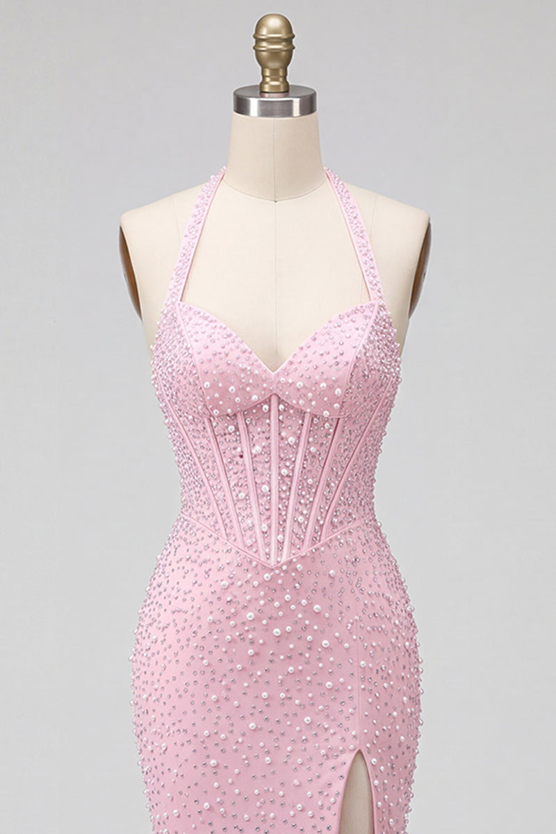 Load image into Gallery viewer, Sparkly Beaded Pink Corset Halter Long Prom Dress with Pearls