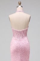 Load image into Gallery viewer, Sparkly Beaded Pink Corset Halter Long Prom Dress with Pearls