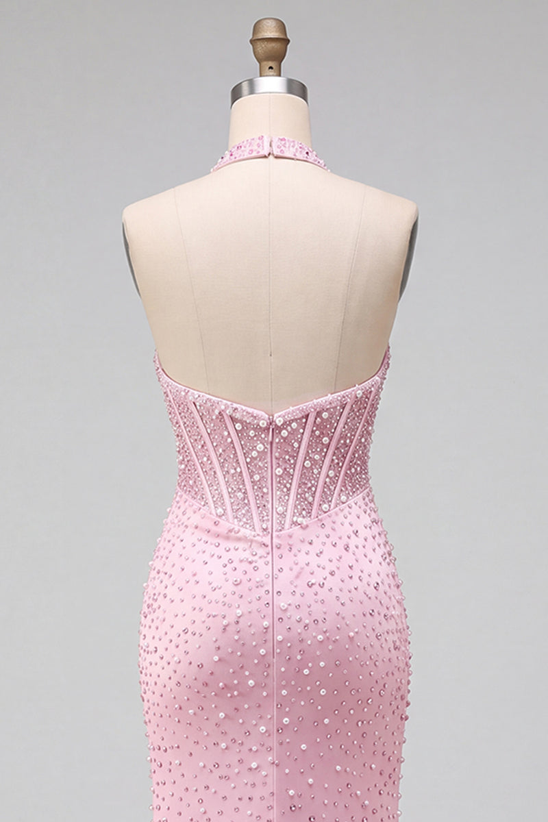 Load image into Gallery viewer, Sparkly Beaded Pink Corset Halter Long Prom Dress with Pearls