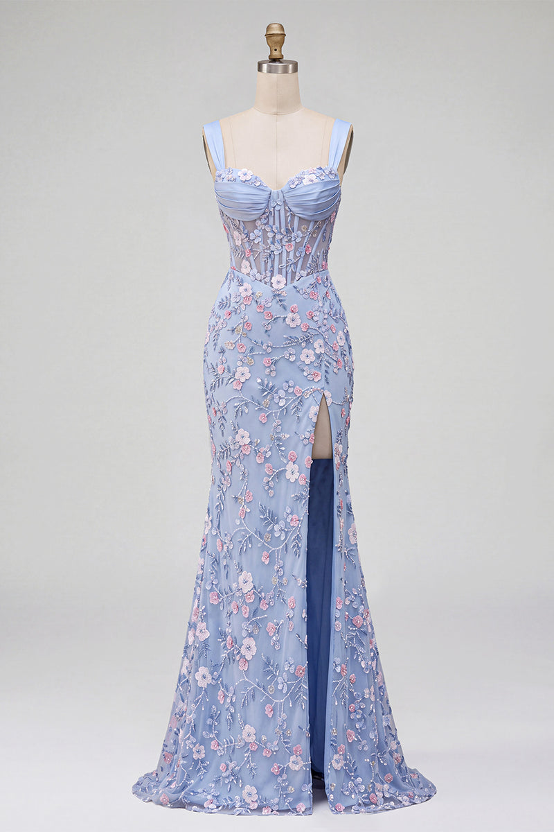 Load image into Gallery viewer, Sparkly Blue Corset Floral Beaded Mermaid Long Prom Dress with Slit
