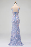 Load image into Gallery viewer, Sparkly Blue Corset Floral Beaded Mermaid Long Prom Dress with Slit