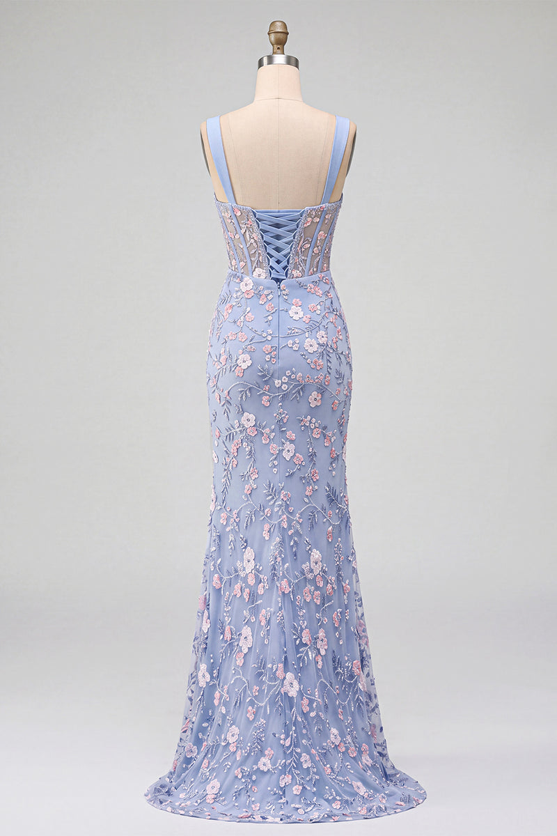 Load image into Gallery viewer, Sparkly Blue Corset Floral Beaded Mermaid Long Prom Dress with Slit