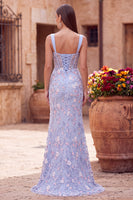 Load image into Gallery viewer, Sparkly Blue Corset Floral Beaded Mermaid Long Prom Dress with Slit