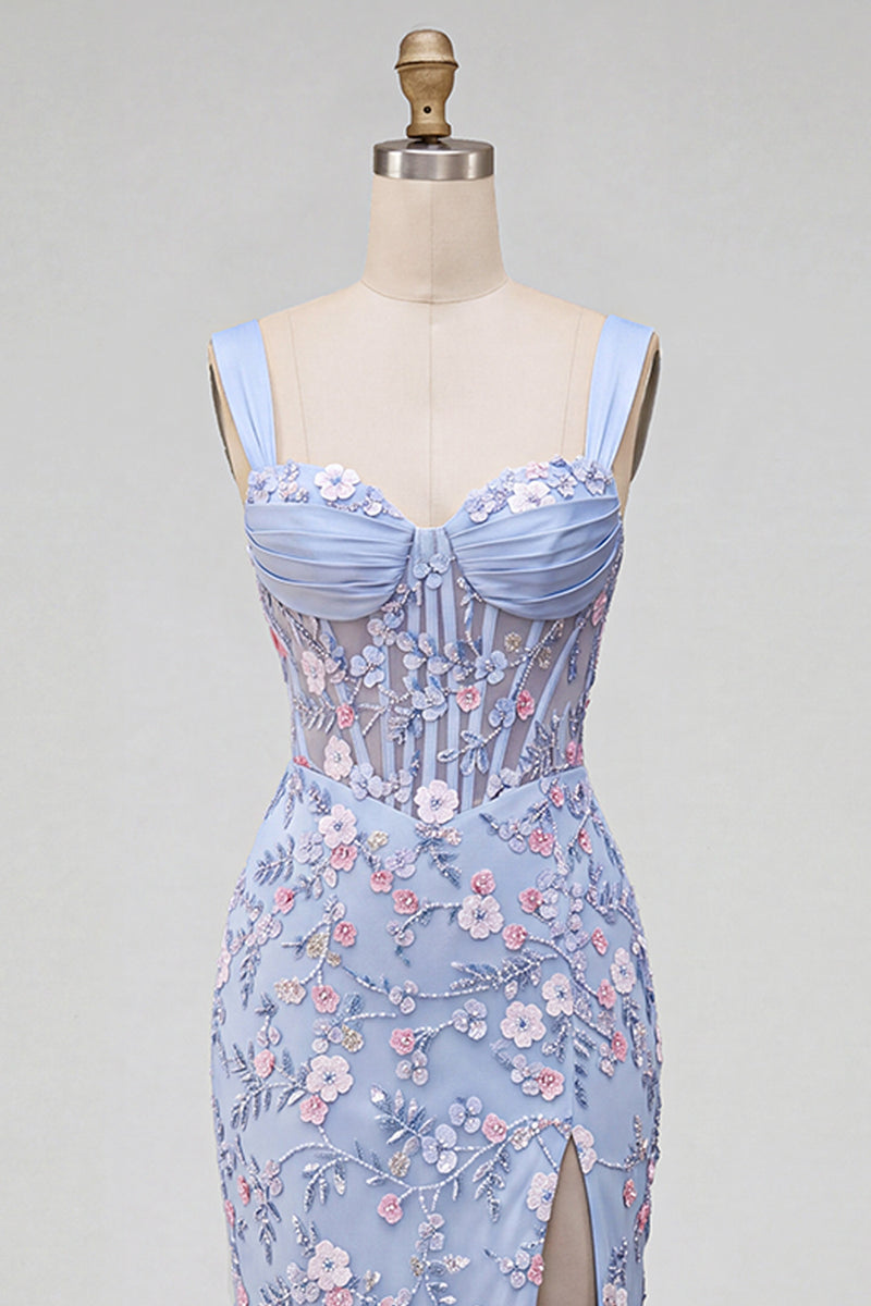 Load image into Gallery viewer, Sparkly Blue Corset Floral Beaded Mermaid Long Prom Dress with Slit