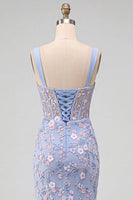 Load image into Gallery viewer, Sparkly Blue Corset Floral Beaded Mermaid Long Prom Dress with Slit