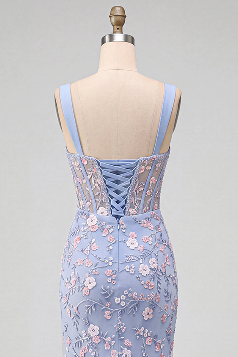 Load image into Gallery viewer, Sparkly Blue Corset Floral Beaded Mermaid Long Prom Dress with Slit