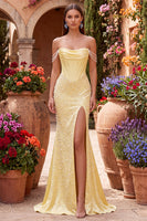 Load image into Gallery viewer, Sparkly Yellow Satin Corset Mermaid Beaded Long Prom Dress with Pearls