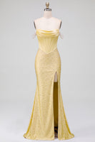 Load image into Gallery viewer, Sparkly Yellow Satin Corset Mermaid Beaded Long Prom Dress with Pearls