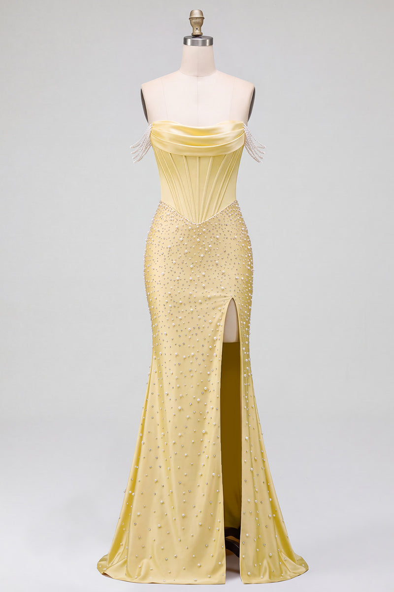 Load image into Gallery viewer, Sparkly Yellow Satin Corset Mermaid Beaded Long Prom Dress with Pearls