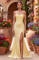 Load image into Gallery viewer, Sparkly Yellow Satin Corset Mermaid Beaded Long Prom Dress with Pearls
