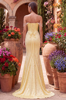 Load image into Gallery viewer, Sparkly Yellow Satin Corset Mermaid Beaded Long Prom Dress with Pearls