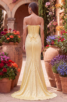 Load image into Gallery viewer, Sparkly Yellow Satin Corset Mermaid Beaded Long Prom Dress with Pearls