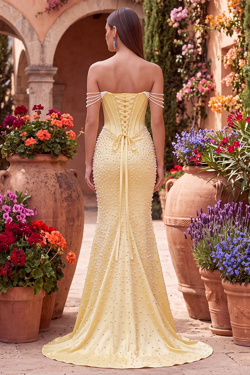 Load image into Gallery viewer, Sparkly Yellow Satin Corset Mermaid Beaded Long Prom Dress with Pearls
