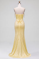 Load image into Gallery viewer, Sparkly Yellow Satin Corset Mermaid Beaded Long Prom Dress with Pearls