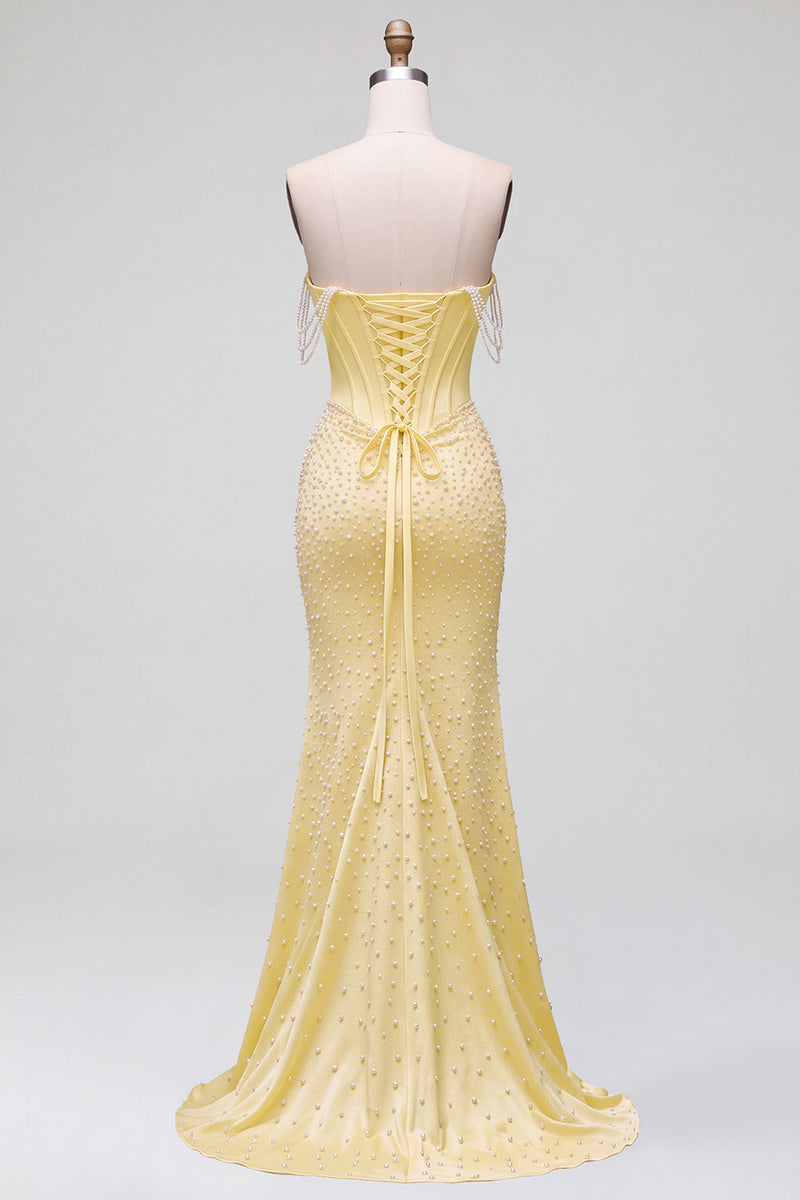 Load image into Gallery viewer, Sparkly Yellow Satin Corset Mermaid Beaded Long Prom Dress with Pearls