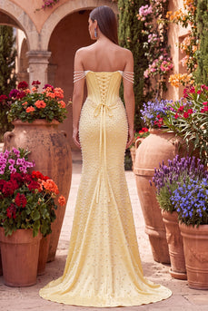 Sparkly Yellow Satin Corset Mermaid Beaded Long Prom Dress with Pearls