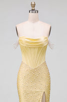 Load image into Gallery viewer, Sparkly Yellow Satin Corset Mermaid Beaded Long Prom Dress with Pearls