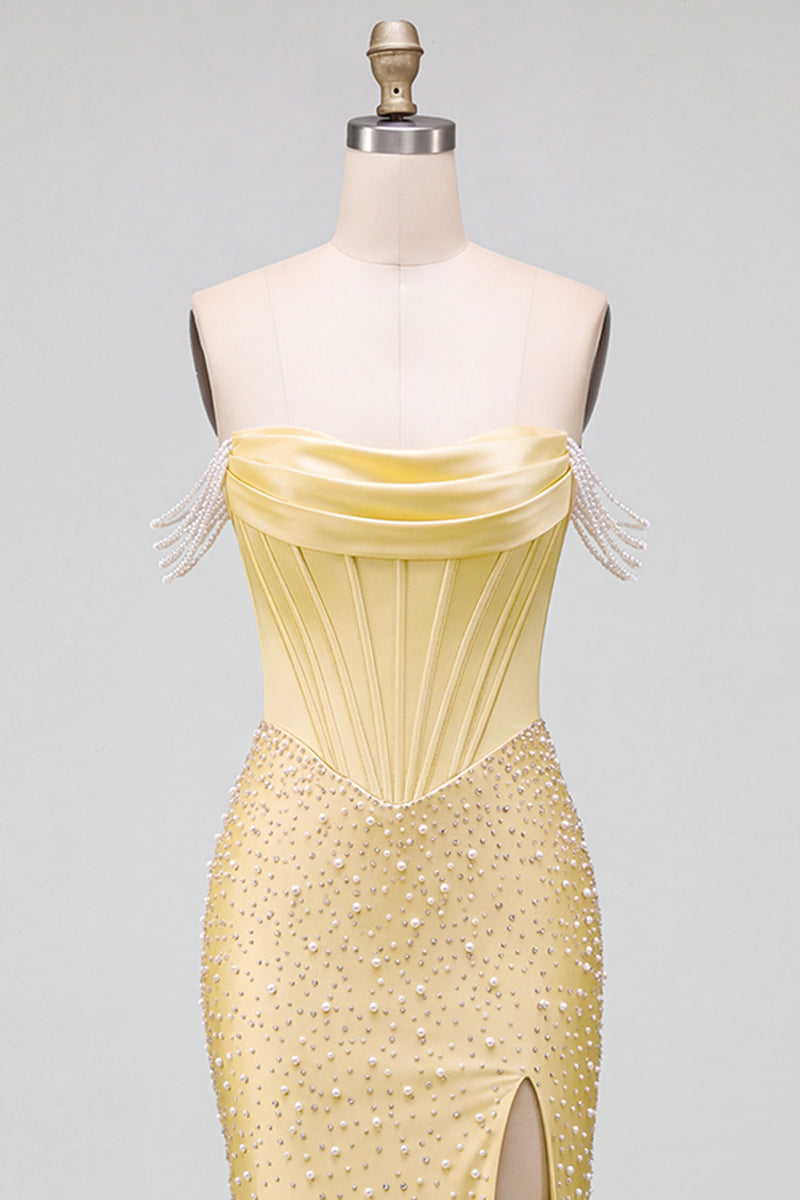 Load image into Gallery viewer, Sparkly Yellow Satin Corset Mermaid Beaded Long Prom Dress with Pearls
