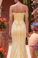 Load image into Gallery viewer, Sparkly Yellow Satin Corset Mermaid Beaded Long Prom Dress with Pearls