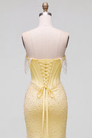 Load image into Gallery viewer, Sparkly Yellow Satin Corset Mermaid Beaded Long Prom Dress with Pearls