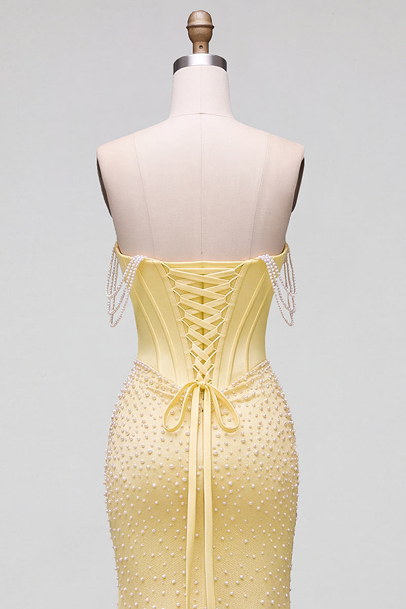 Load image into Gallery viewer, Sparkly Yellow Satin Corset Mermaid Beaded Long Prom Dress with Pearls